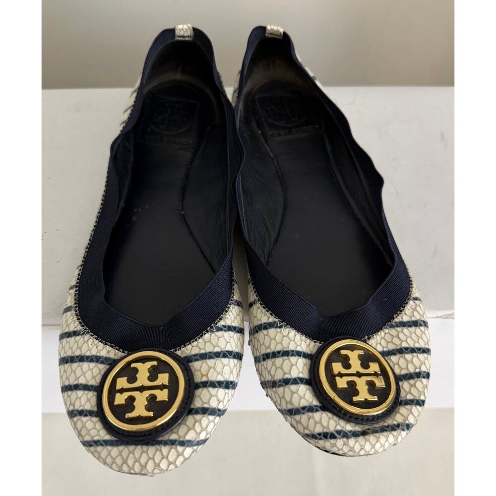 Tory Burch Women's Flats Snake Print Striped Ballet Shoes Size 7.5M